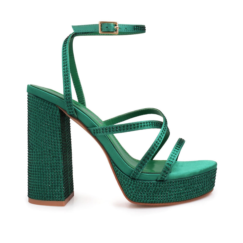 Green colored platform heels with crystal embellishment and ankle buckle closure - side view