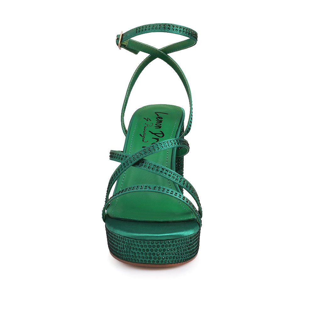 Green colored platform heels with crystal embellishment and ankle buckle closure - front view