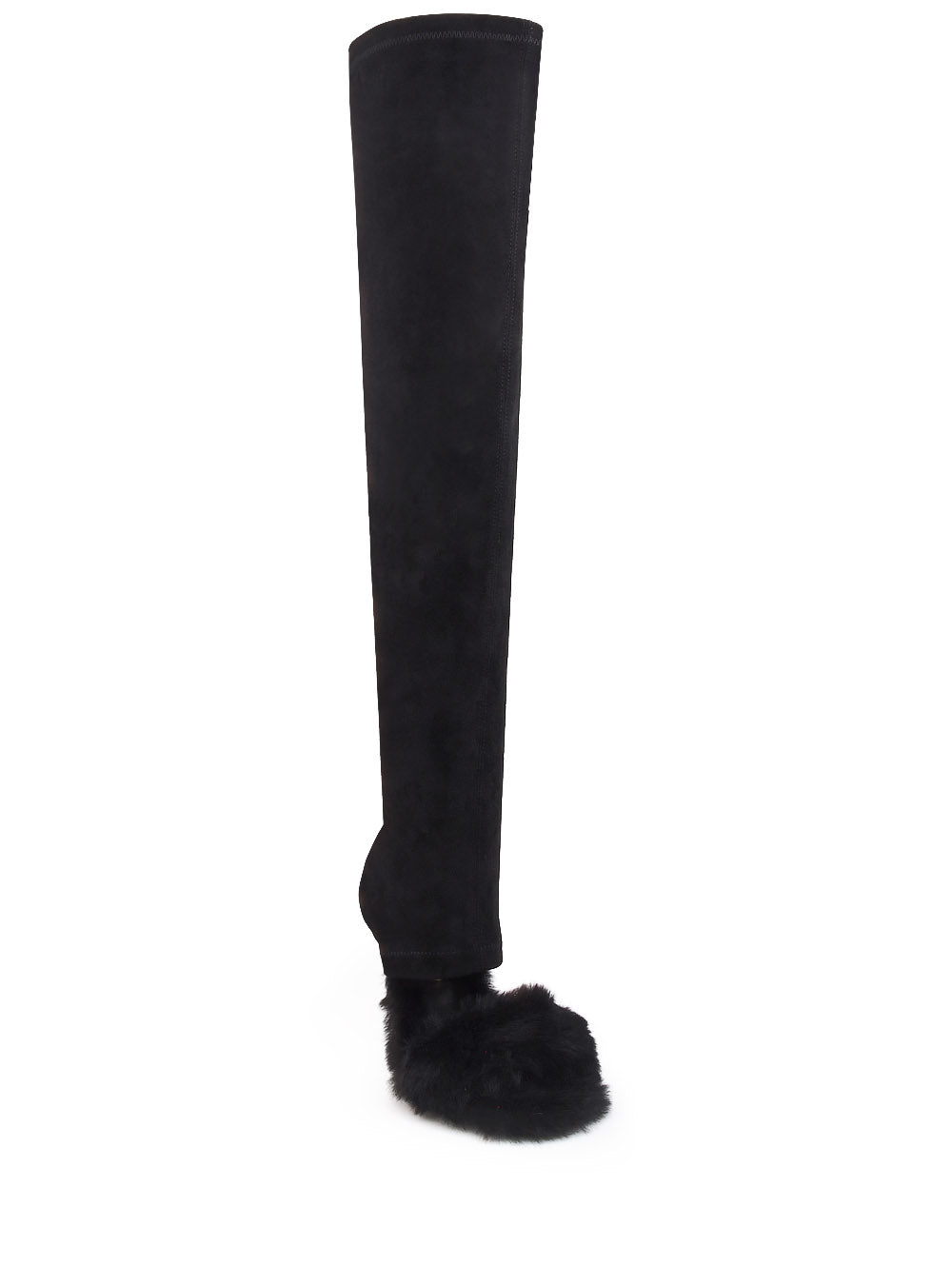 Faux fur thigh high stiletto boots in black color - corner view