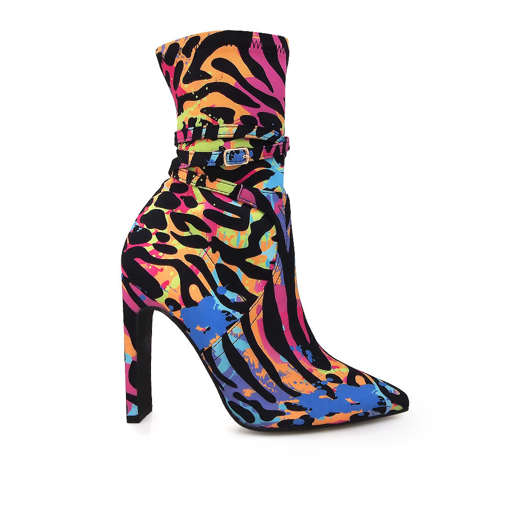 Black ankle-high boot heels with pointed toe and multi-colored leopard print upper - side view
