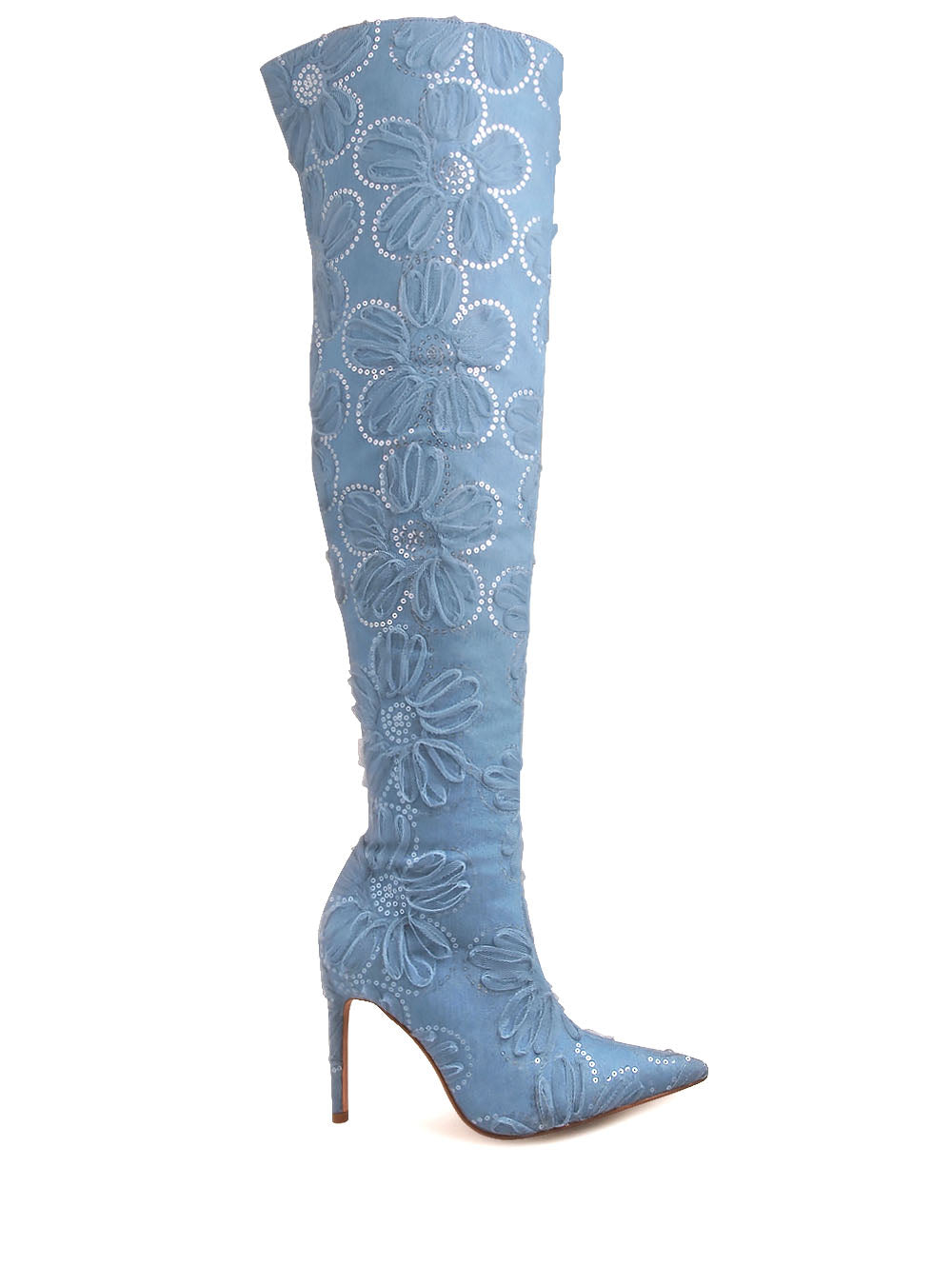 Light denim thigh high stiletto boots with lace floral pattern upper - side view