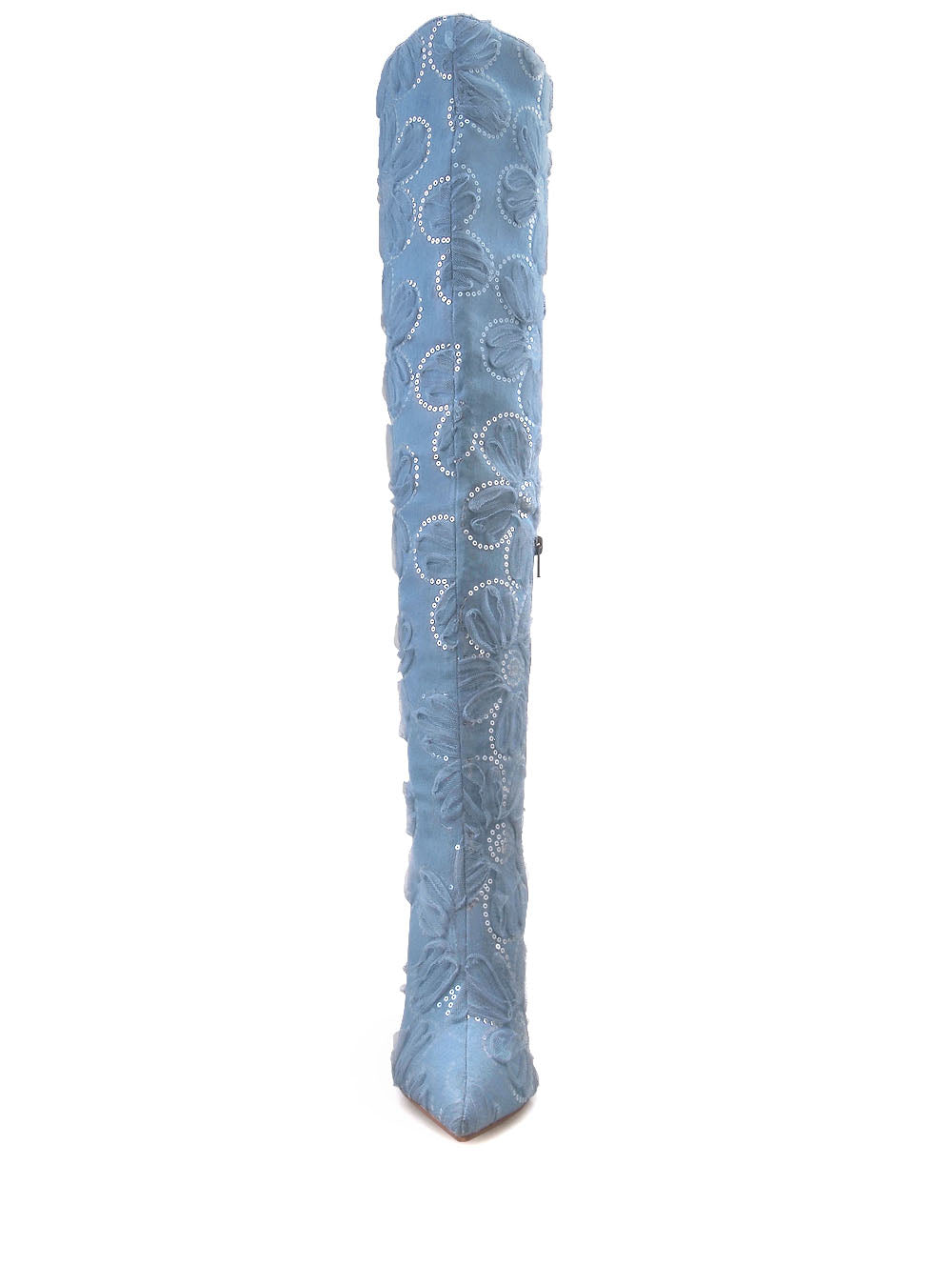 Light denim thigh high stiletto boots with lace floral pattern upper - front view