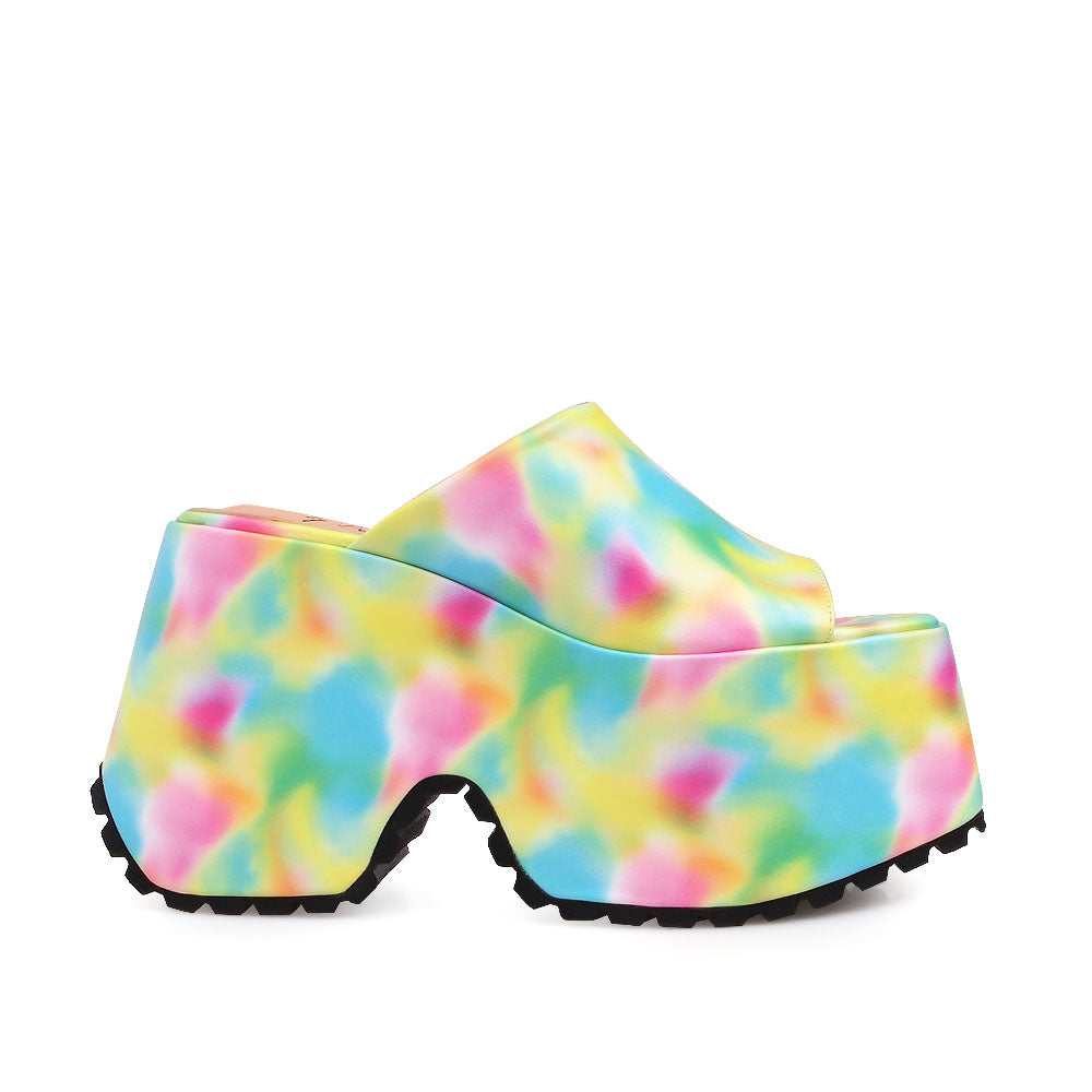 Platforms in multi-color with an open toe and a slip-on style - side view