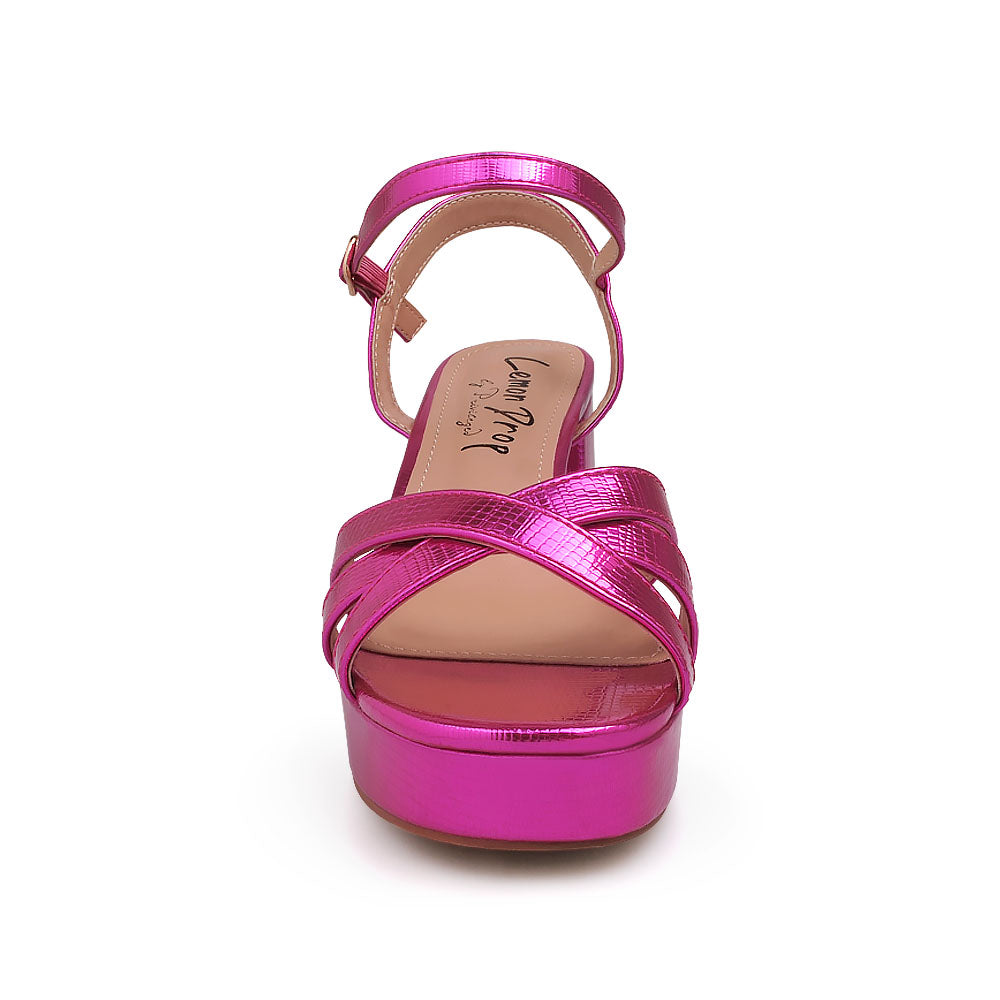 Fuchsia block heels sandals with ankle buckle closure - front view