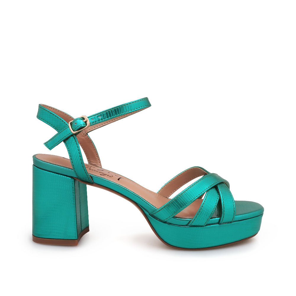 Teal block heels sandals with ankle buckle closure - side view