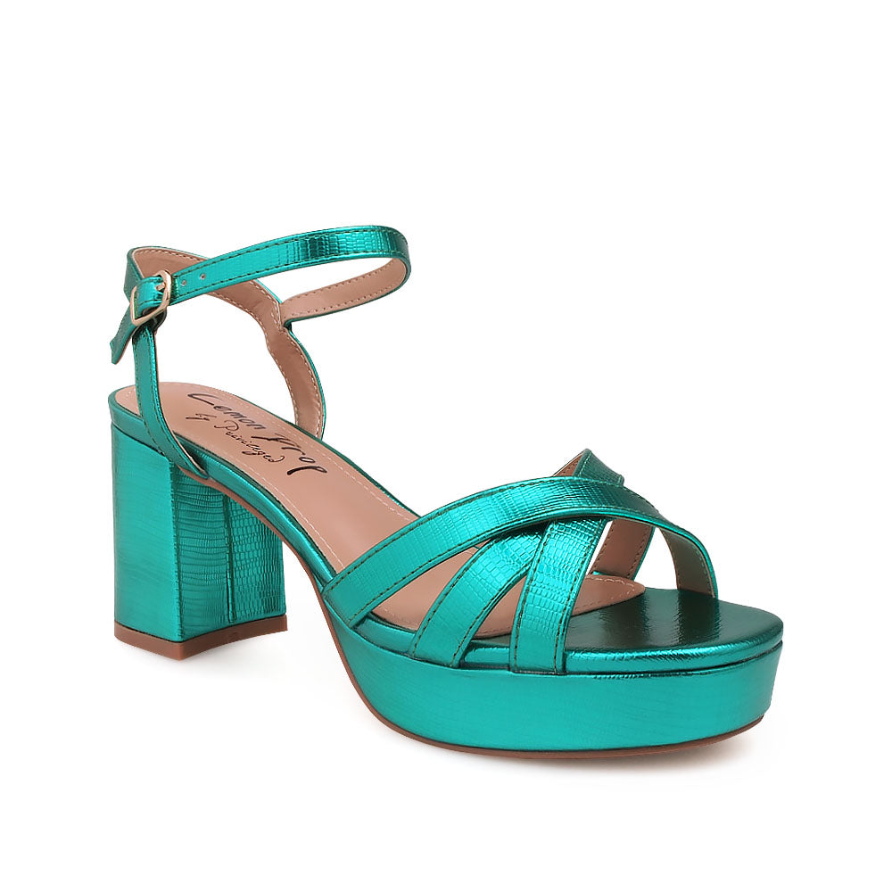 Teal block heels sandals with ankle buckle closure - corner view