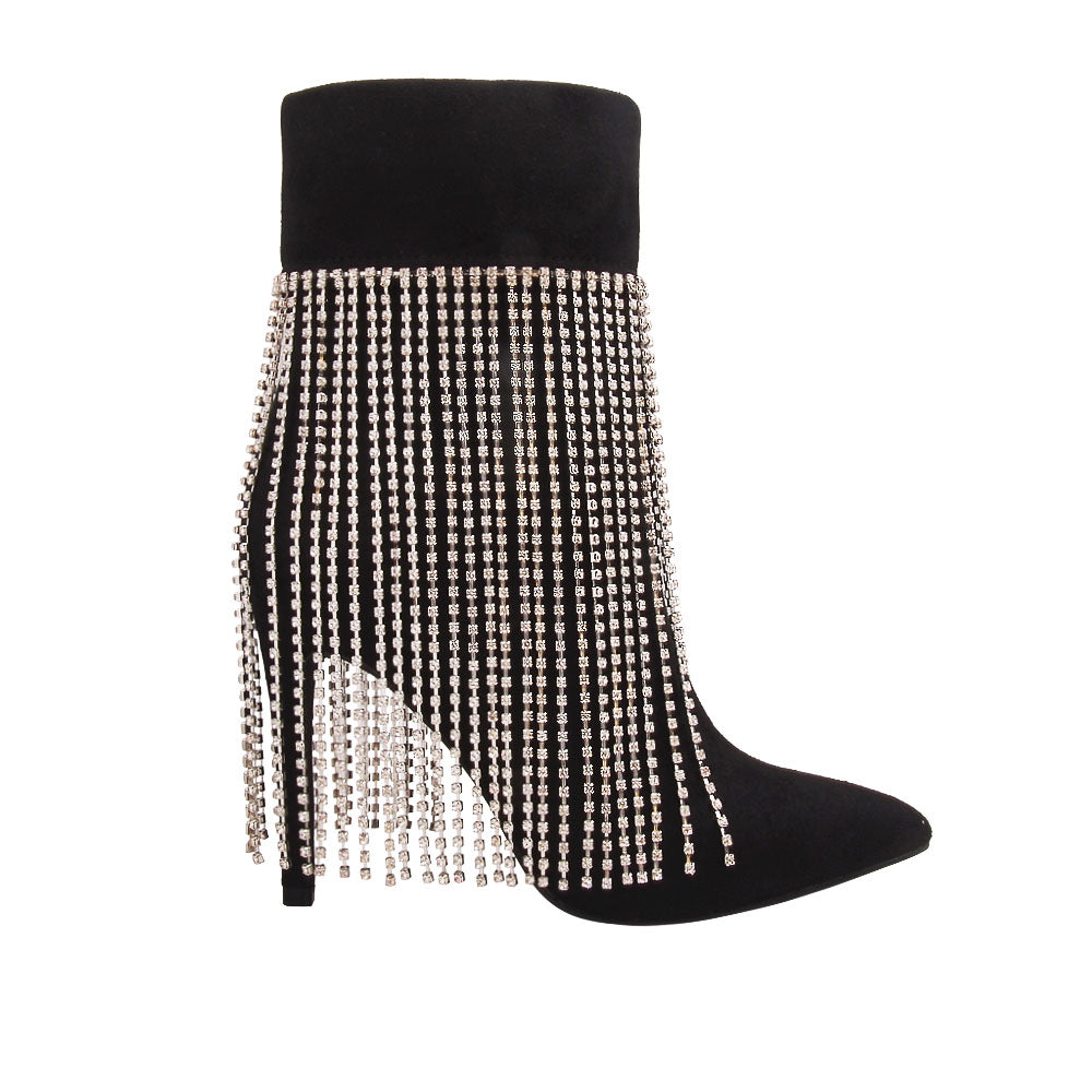 Black pointy toe ankle boots with stiletto heels and rhinestone fringe design - side view