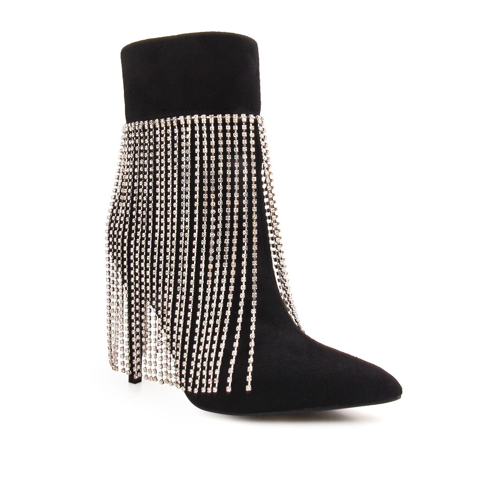 Black pointy toe ankle boots with stiletto heels and rhinestone fringe design - corner view