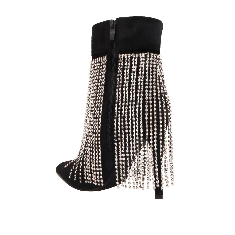 Black pointy toe ankle boots with stiletto heels and rhinestone fringe design - back view