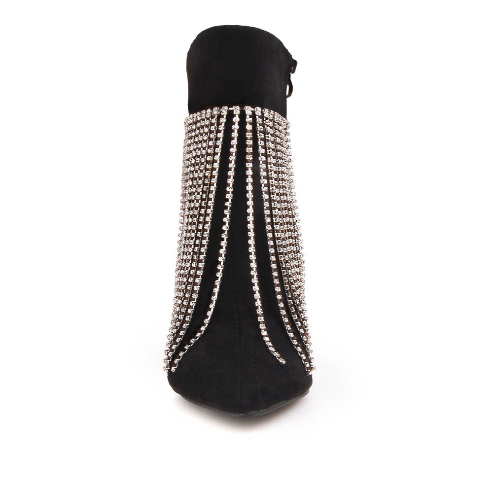 Black pointy toe ankle boots with stiletto heels and rhinestone fringe design - front view
