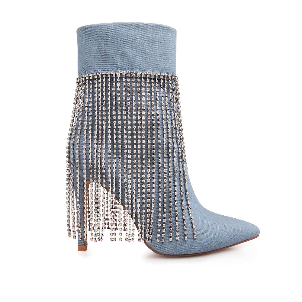 Denim colored pointy toe ankle boots with stiletto heels and rhinestone fringe design - side view