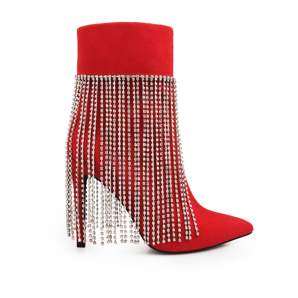 Red pointy toe ankle boots with stiletto heels and rhinestone fringe design - side view
