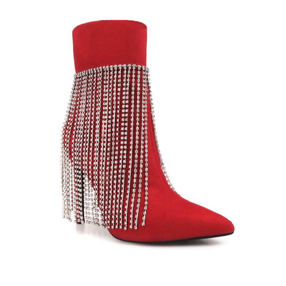Red pointy toe ankle boots with stiletto heels and rhinestone fringe design - corner view