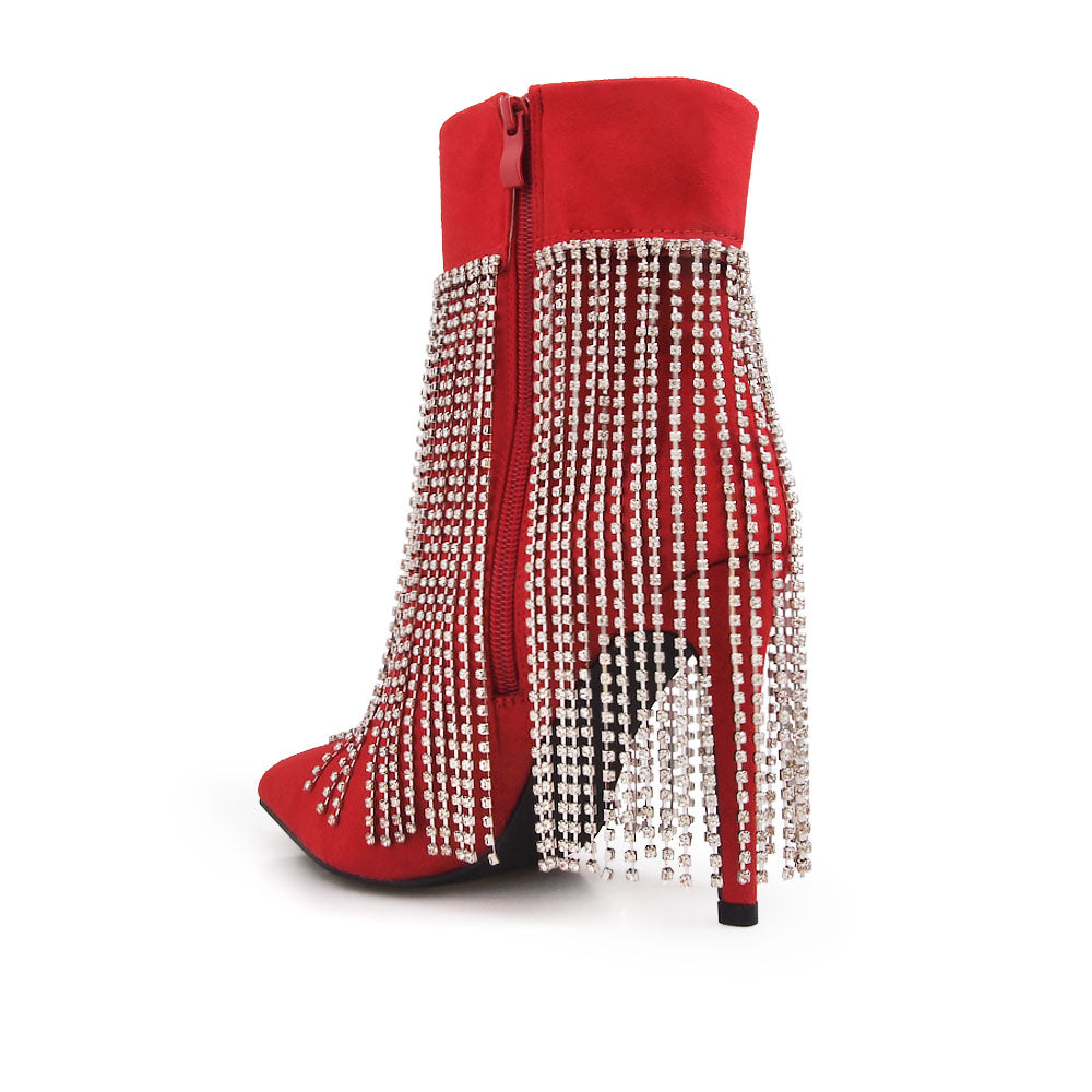 Red pointy toe ankle boots with stiletto heels and rhinestone fringe design - back view