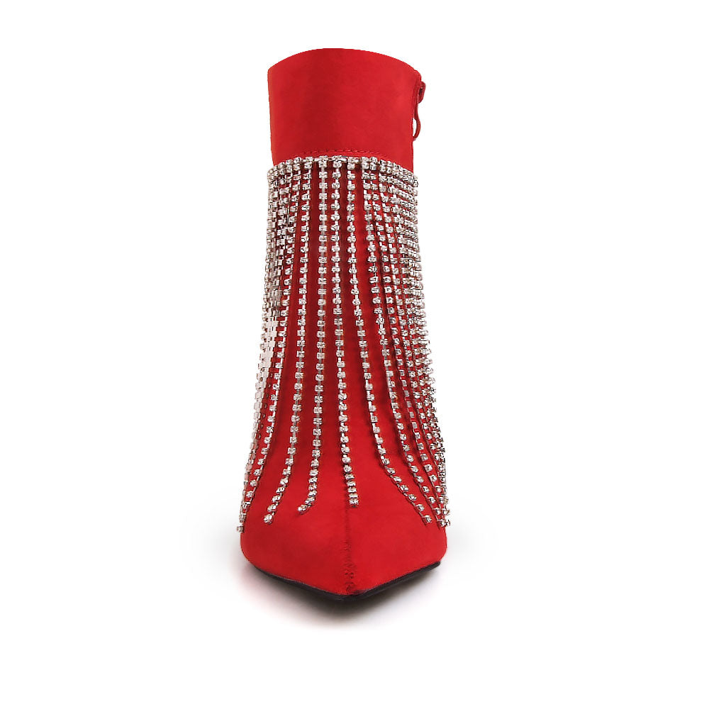 Red pointy toe ankle boots with stiletto heels and rhinestone fringe design - front view
