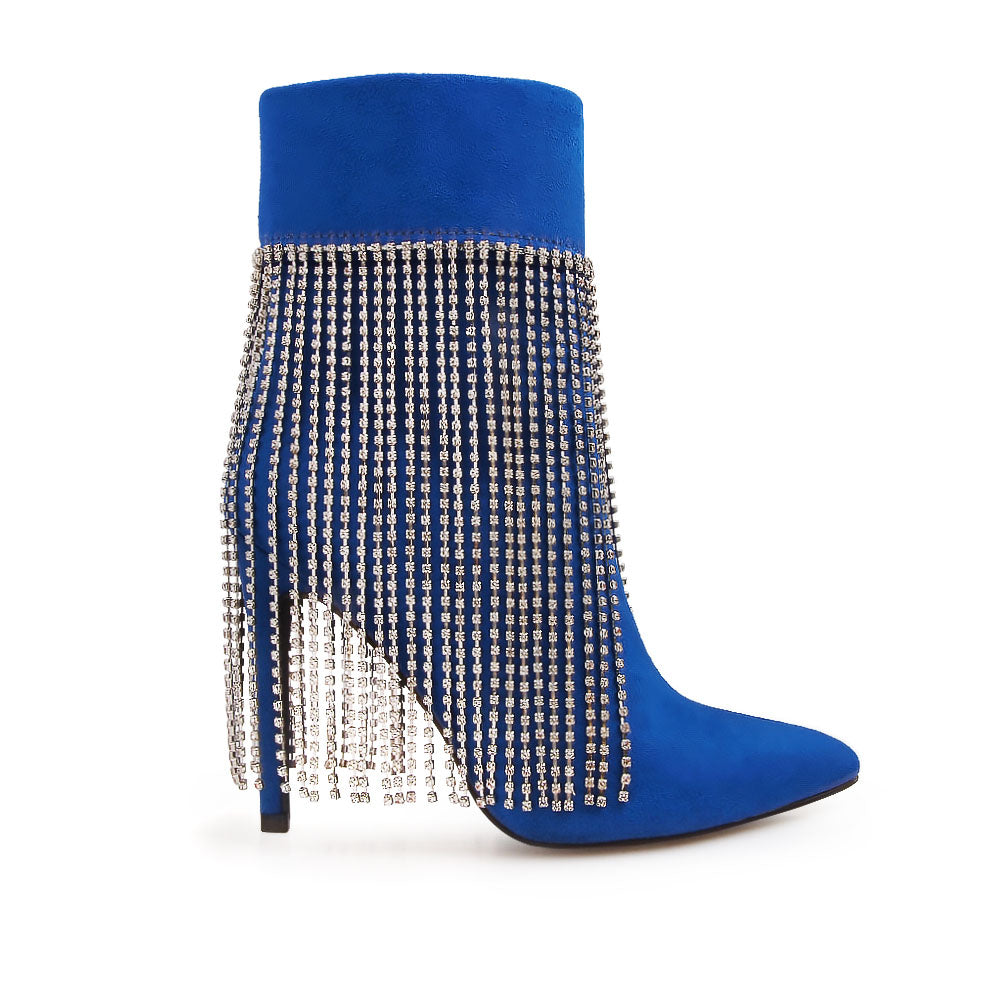 Blue pointy toe ankle boots with stiletto heels and rhinestone fringe design - side view