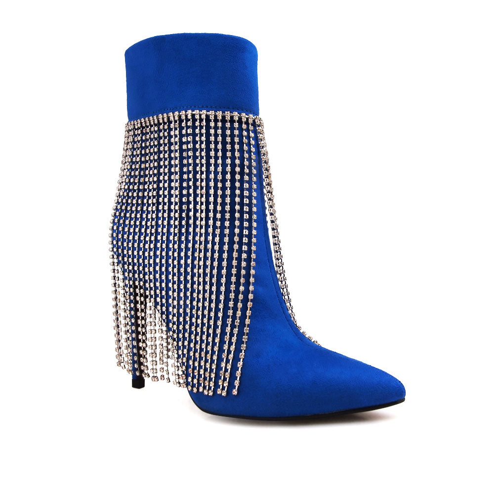 Blue pointy toe ankle boots with stiletto heels and rhinestone fringe design - corner view