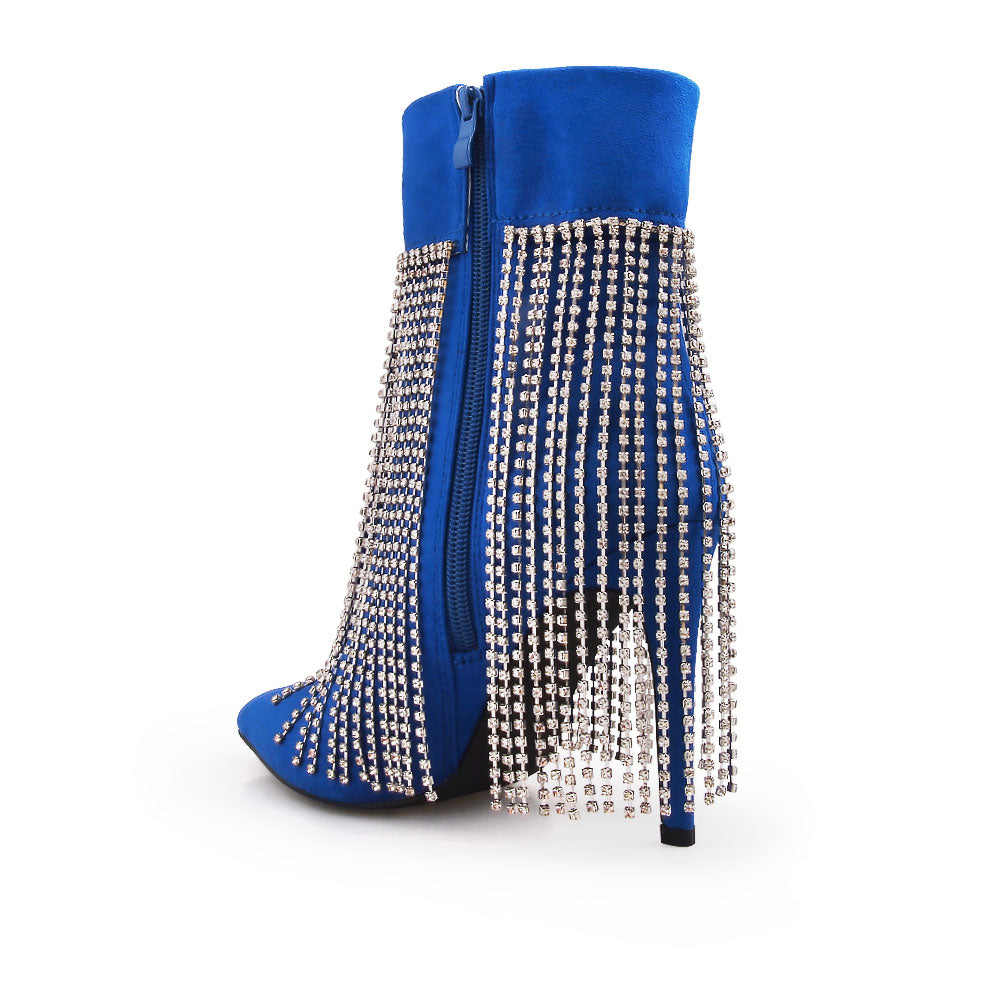 Blue pointy toe ankle boots with stiletto heels and rhinestone fringe design - back view