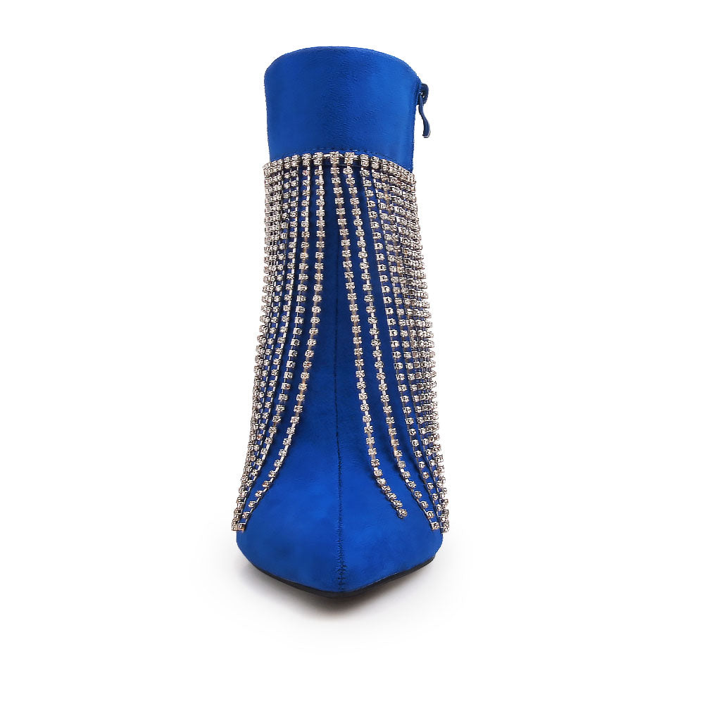 Blue pointy toe ankle boots with stiletto heels and rhinestone fringe design - front view