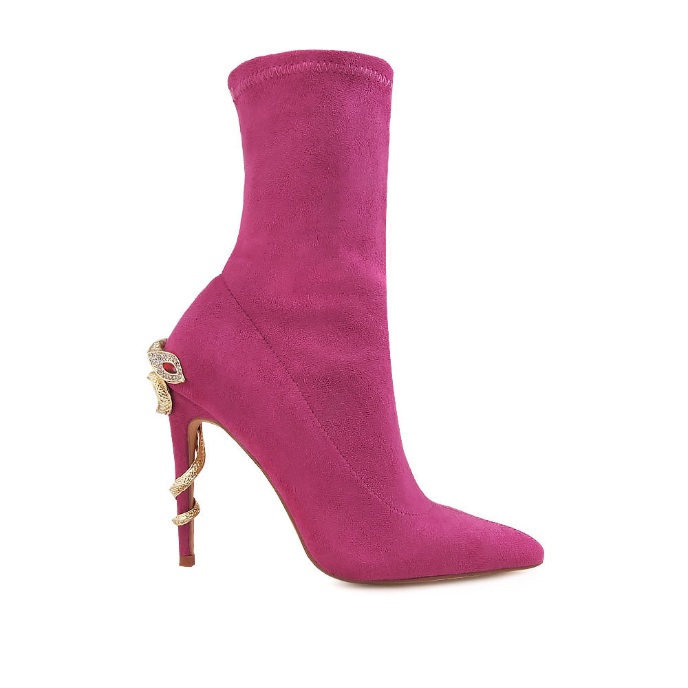 Fuchsia pointed toe stiletto heels boots with snake design on heels - side view