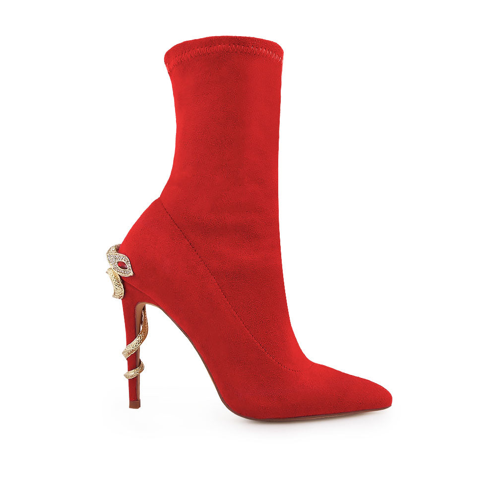Red pointed toe stiletto heels boots with snake design on heels - side view