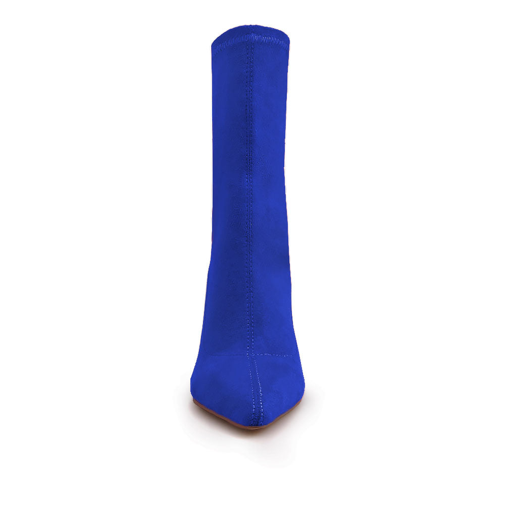 Blue pointed toe stiletto heels boots with snake design on heels - front view