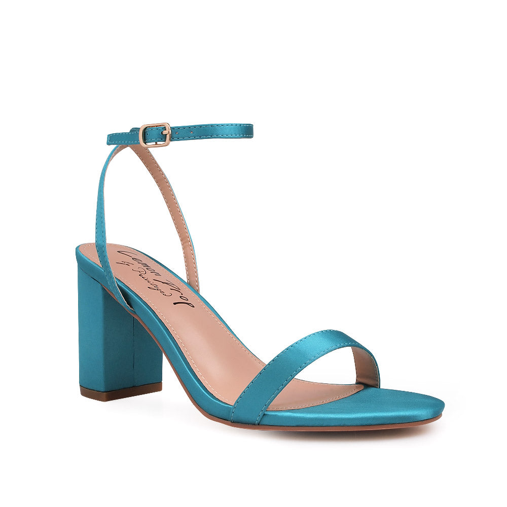 Open toe block heel sandals with ankle buckle closure in teal color - corner view