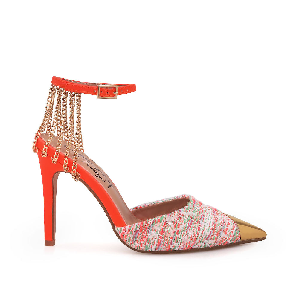 Coral stiletto heels with gold chain accents, multi-colored upper and ankle buckle closure - side view