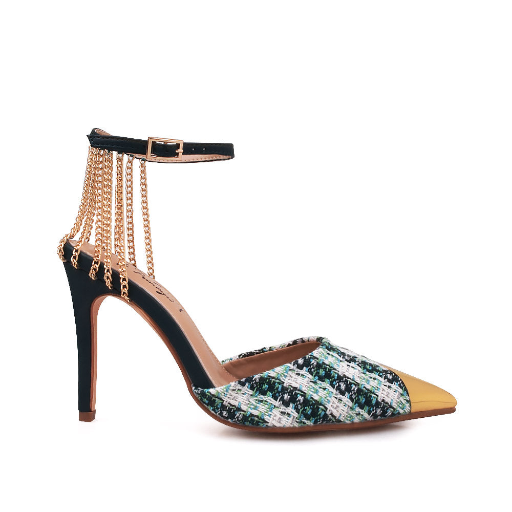 Green stiletto heels with gold chain accents, multi-colored upper and ankle buckle closure - side view