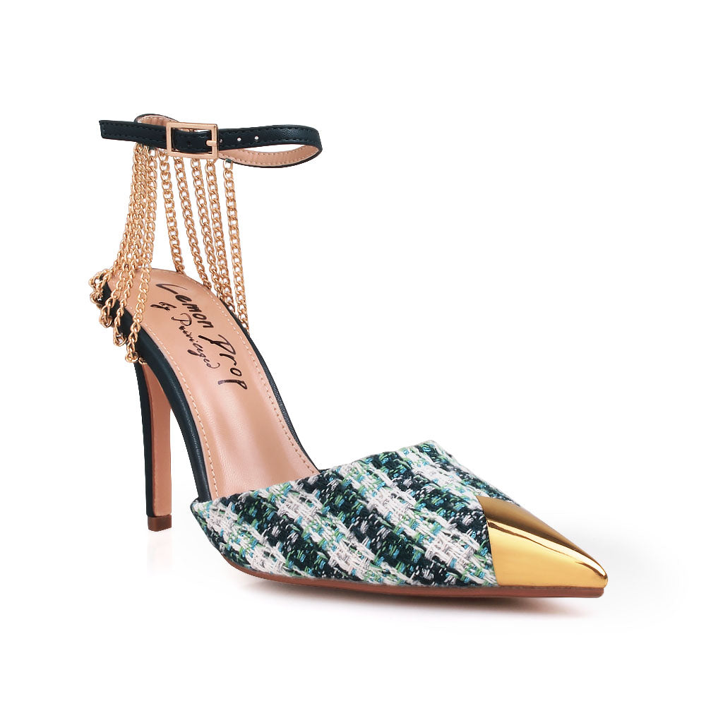 Green stiletto heels with gold chain accents, multi-colored upper and ankle buckle closure - corner view