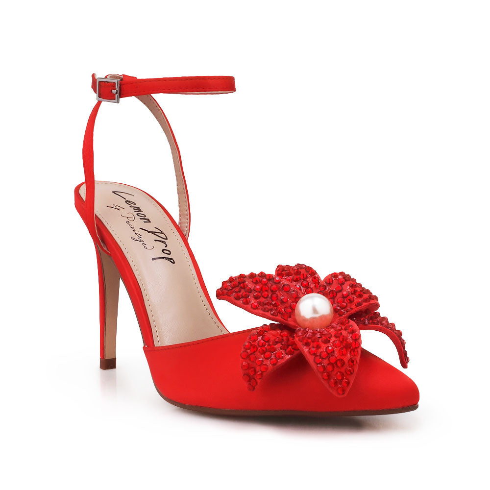 Red stiletto heel with flower pearl embellished upper and ankle strap closure - corner view
