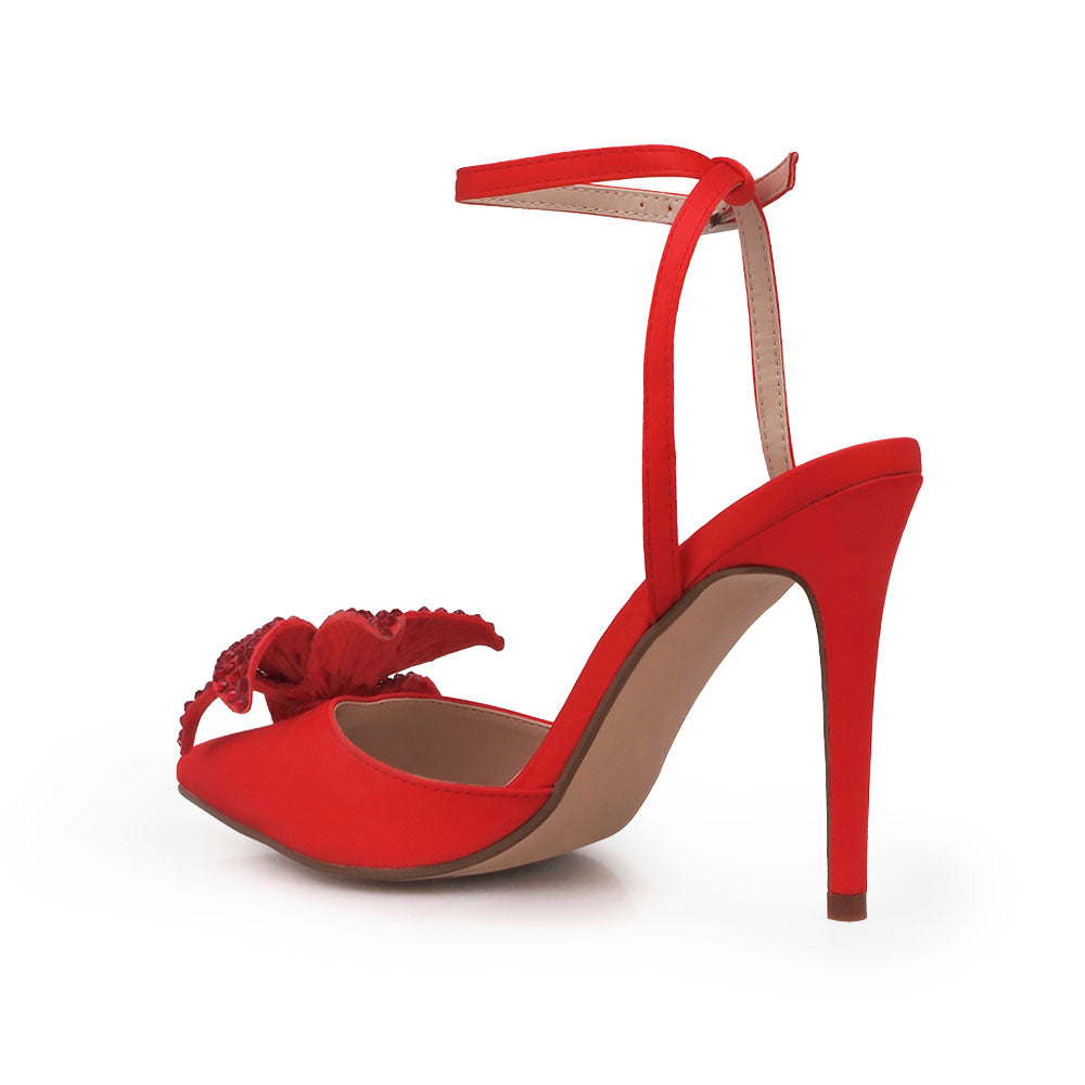 Red stiletto heel with flower pearl embellished upper and ankle strap closure - back view