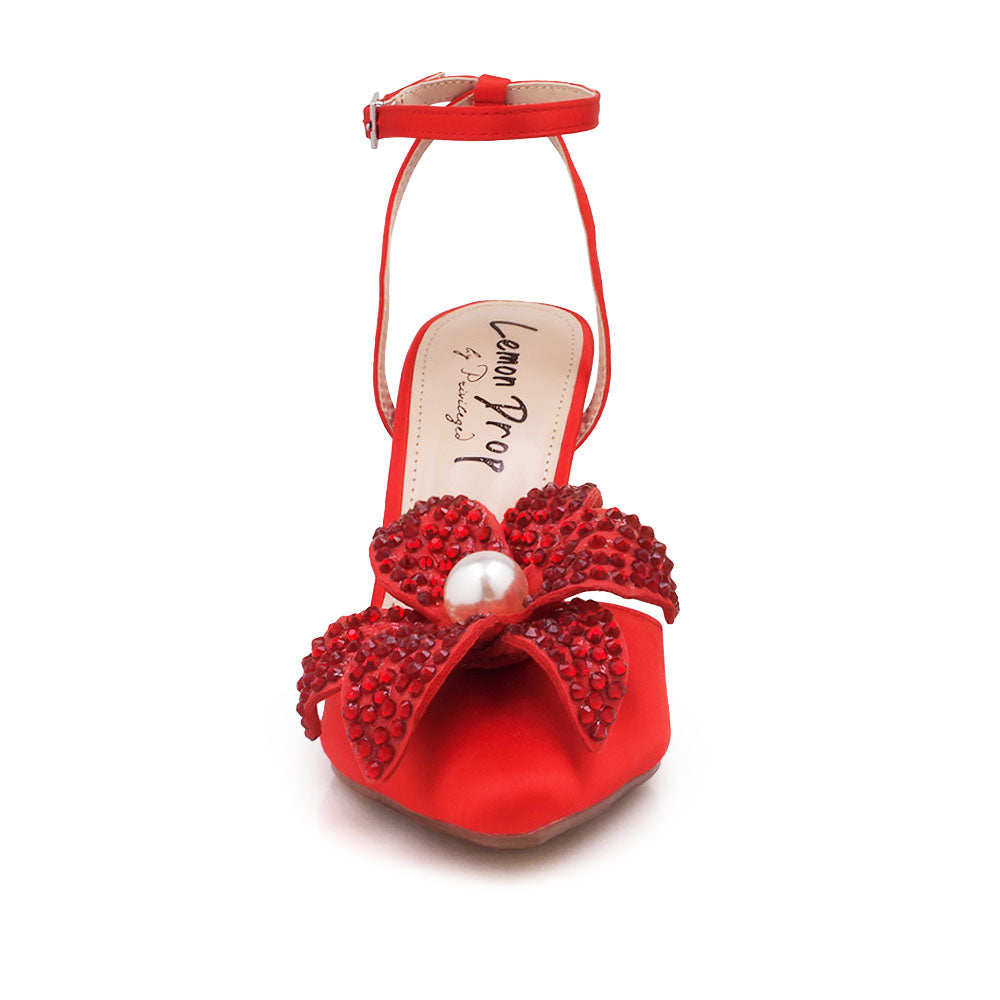 Red stiletto heel with flower pearl embellished upper and ankle strap closure - front view