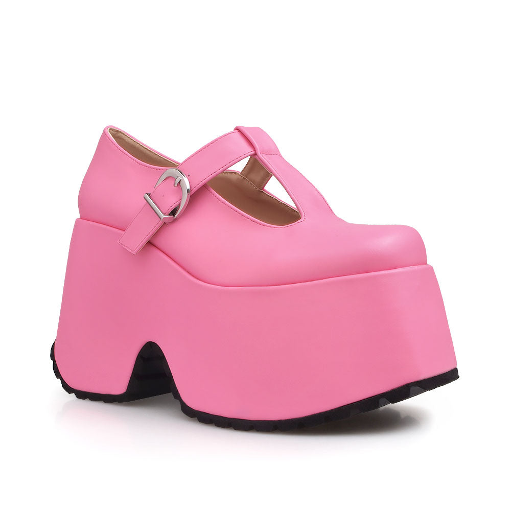 Pink t-strap buckle platform heel - corner view