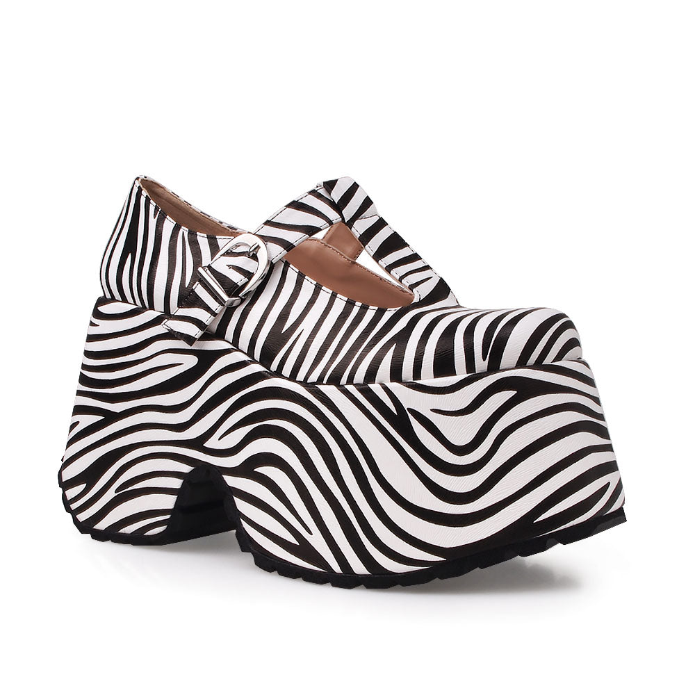 T-strap buckle platform heel with zebra design - corner view