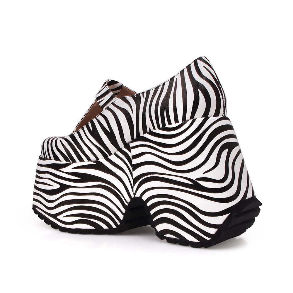 T-strap buckle platform heel with zebra design - back view