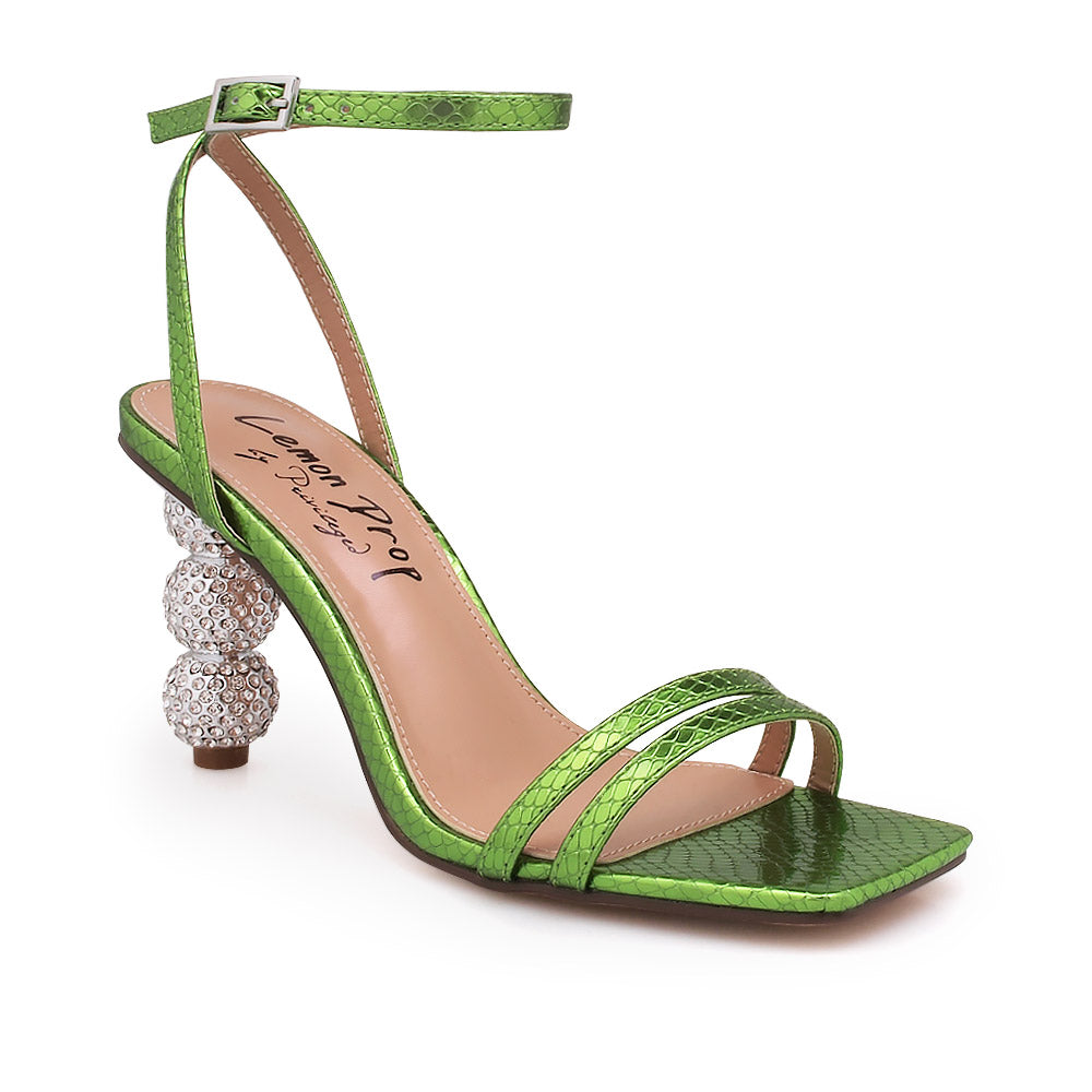 Silver crystal ball heel with green upper and ankle buckle closure - corner view