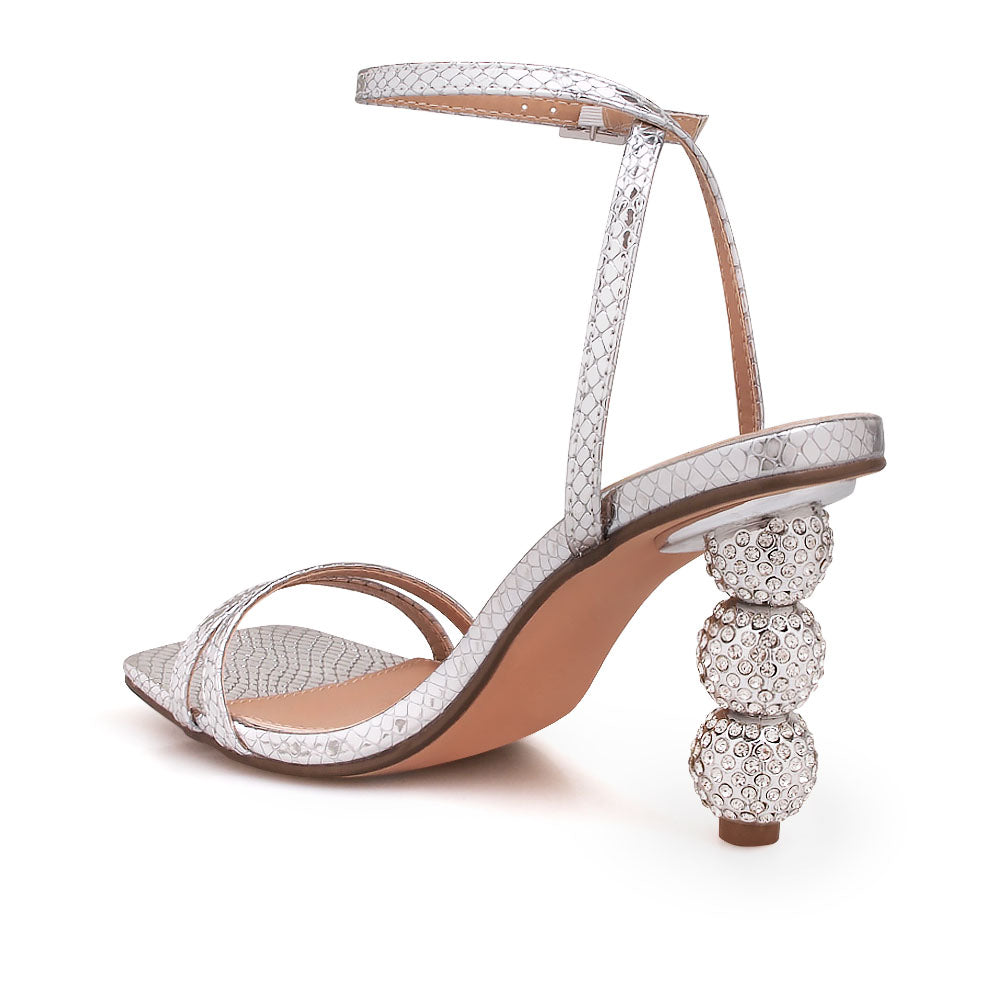 Silver crystal ball heel with ankle buckle closure - back view