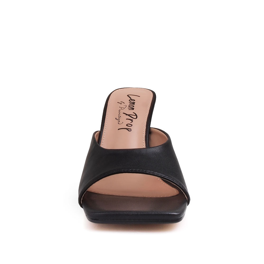 Golden knot metal heels with black colored upper and squared toe sandals - front view