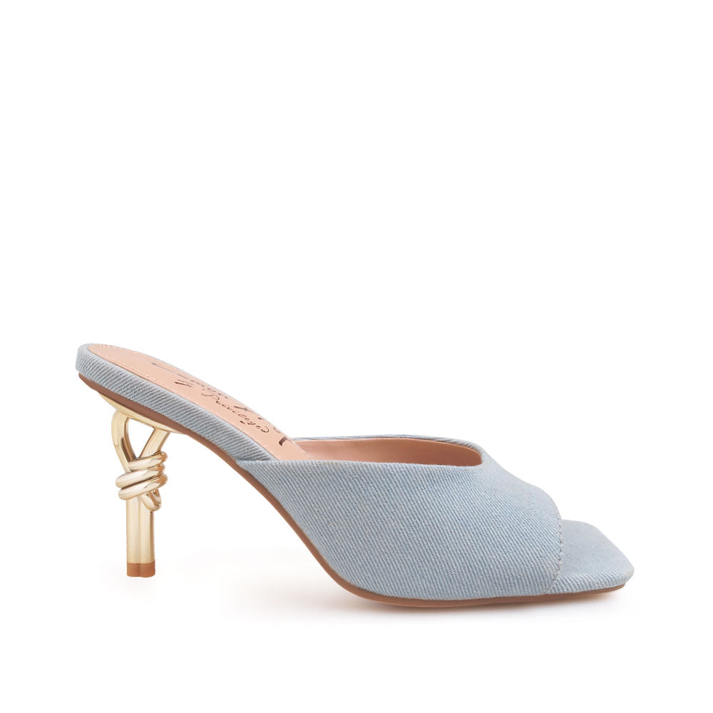 Golden knot metal heels with denim upper and squared toe sandals - side view