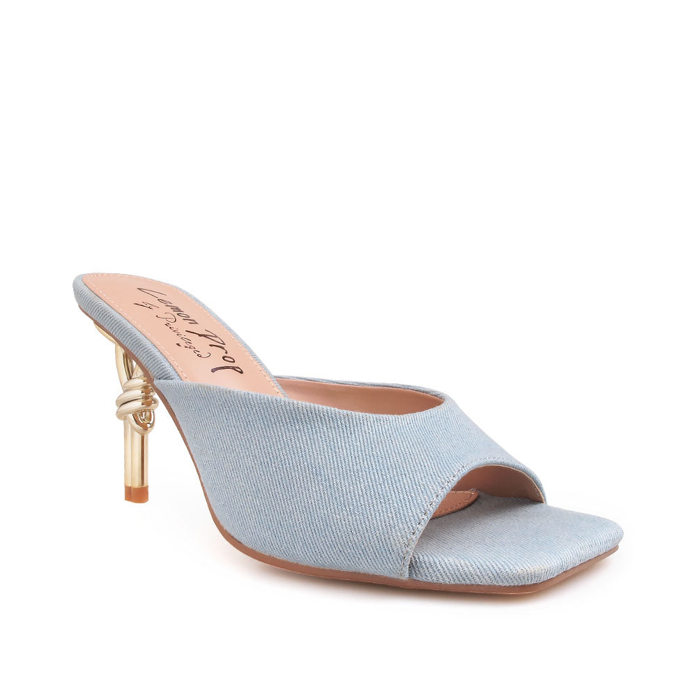 Golden knot metal heels with denim upper and squared toe sandals - corner view