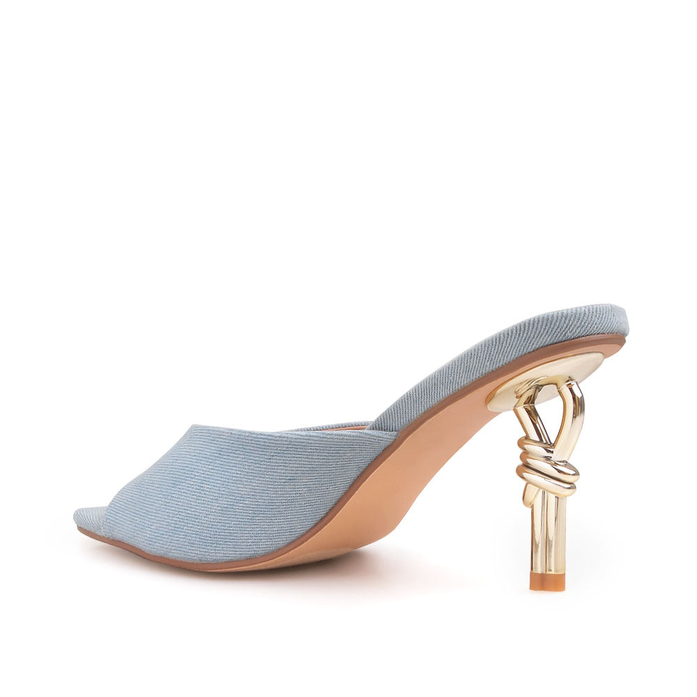 Golden knot metal heels with denim upper and squared toe sandals - back view