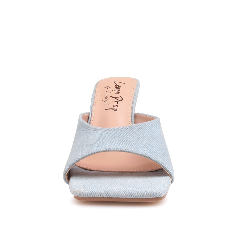 Golden knot metal heels with denim upper and squared toe sandals - front view