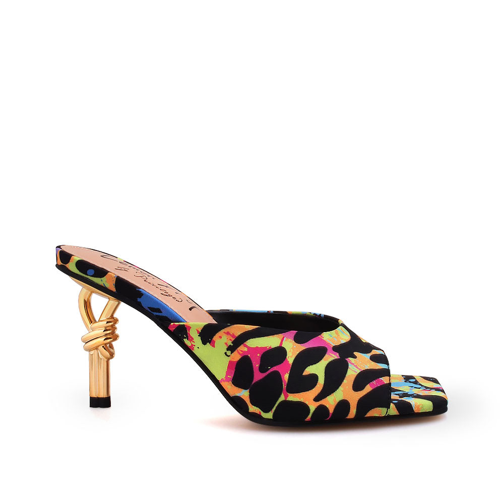 Golden knot metal heels with multi colored upper and squared toe sandals - side view