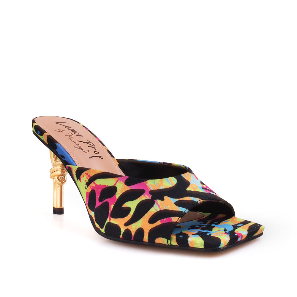 Golden knot metal heels with multi colored upper and squared toe sandals - corner view