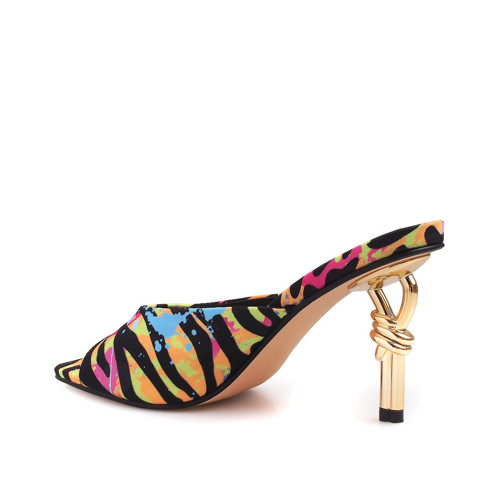 Golden knot metal heels with multi colored upper and squared toe sandals - back view