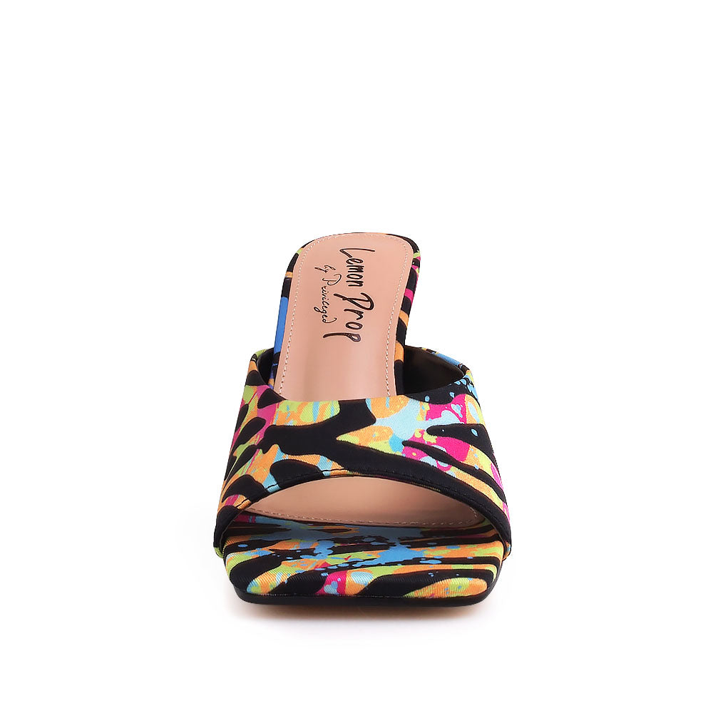 Golden knot metal heels with multi colored upper and squared toe sandals - front view