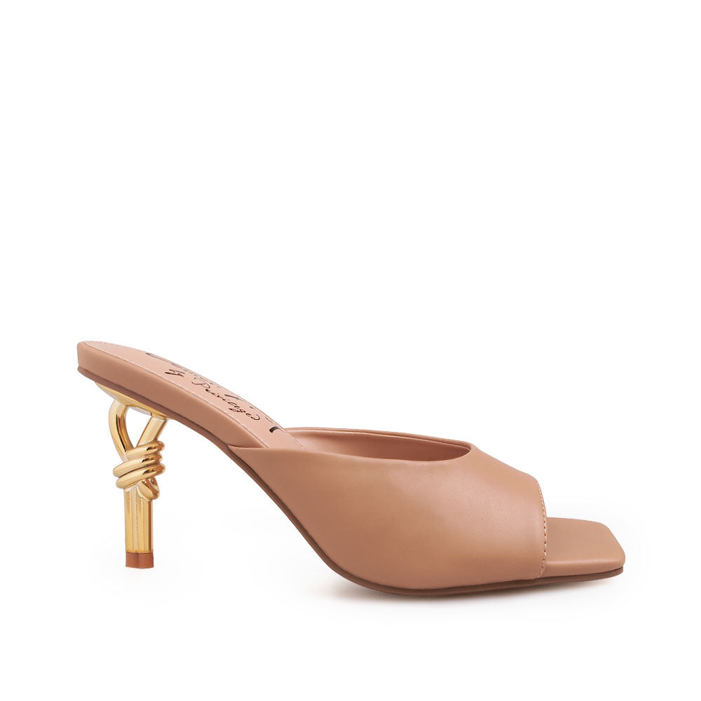 Golden knot metal heels with nude upper and squared toe sandals - side view