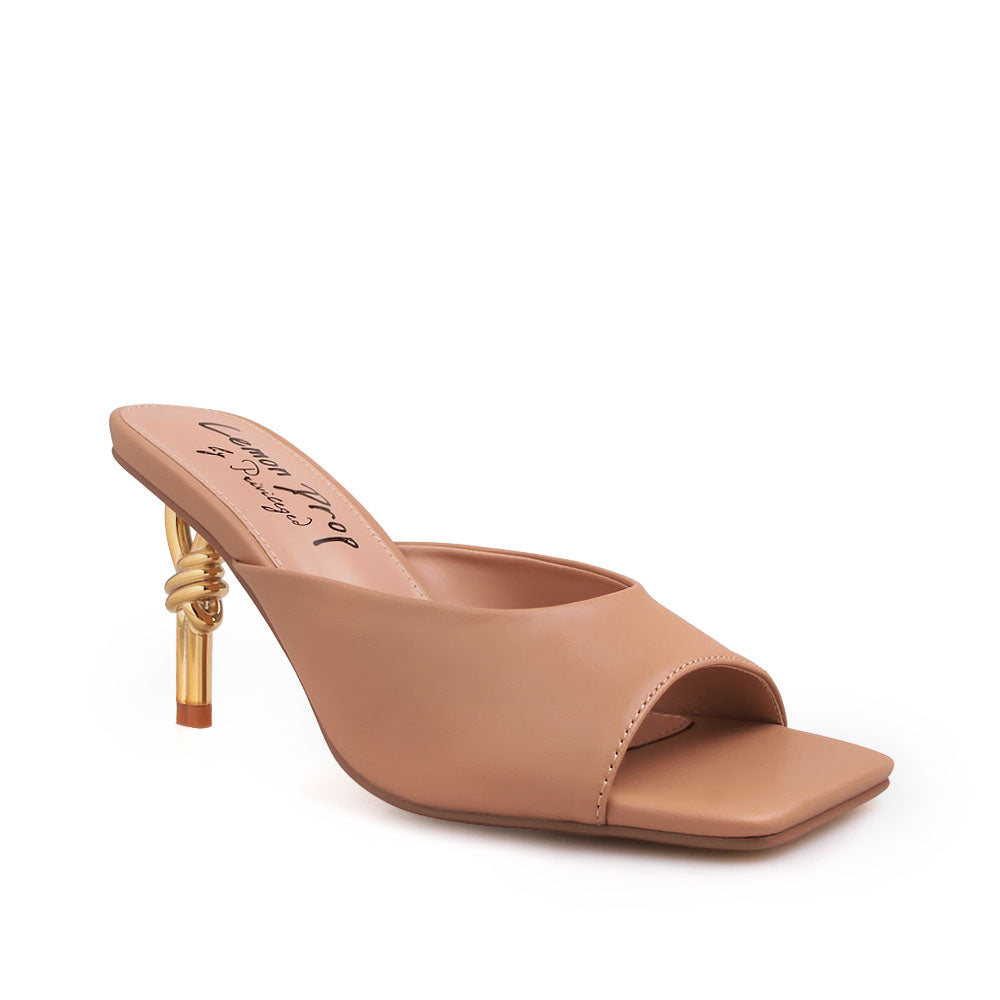 Golden knot metal heels with nude upper and squared toe sandals - corner view