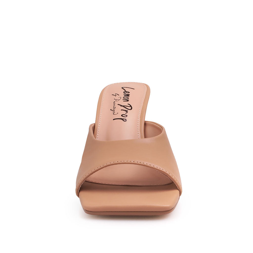 Golden knot metal heels with nude upper and squared toe sandals - front view